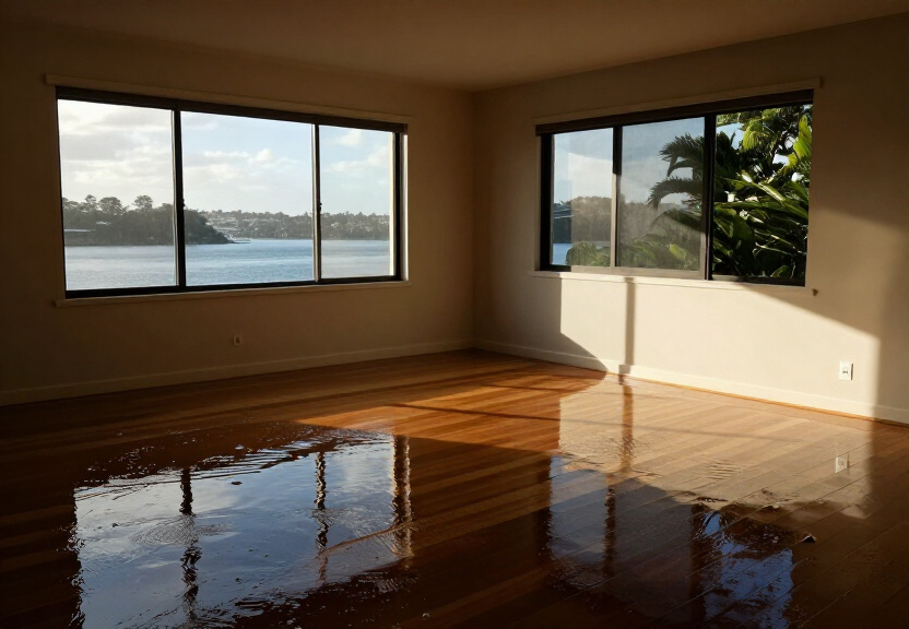 Flooded living room in Elanora Heights with waterlogged carpet and furniture